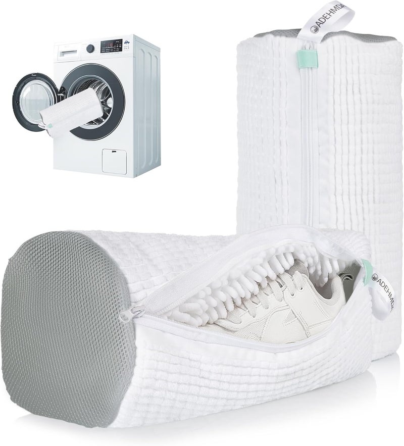 ADEHMDA 2Pcs Shoe Washing Machine Bag, Sneaker Laundry Bag for Washing Machine, Extra Long and Thick Microfibre Fluff, Reusable for Washer and Dryer (2pcs, White-gray) - Image 1